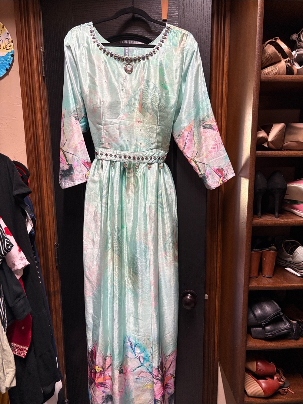 Mint Floral Embellished Long Sleeve Maxi Dress